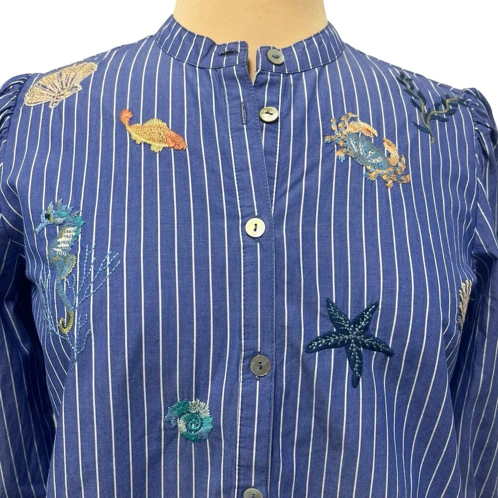 Johnny Was Workshop Striped Blue Embroidered Seashells Ocean Shirt XS Blouse